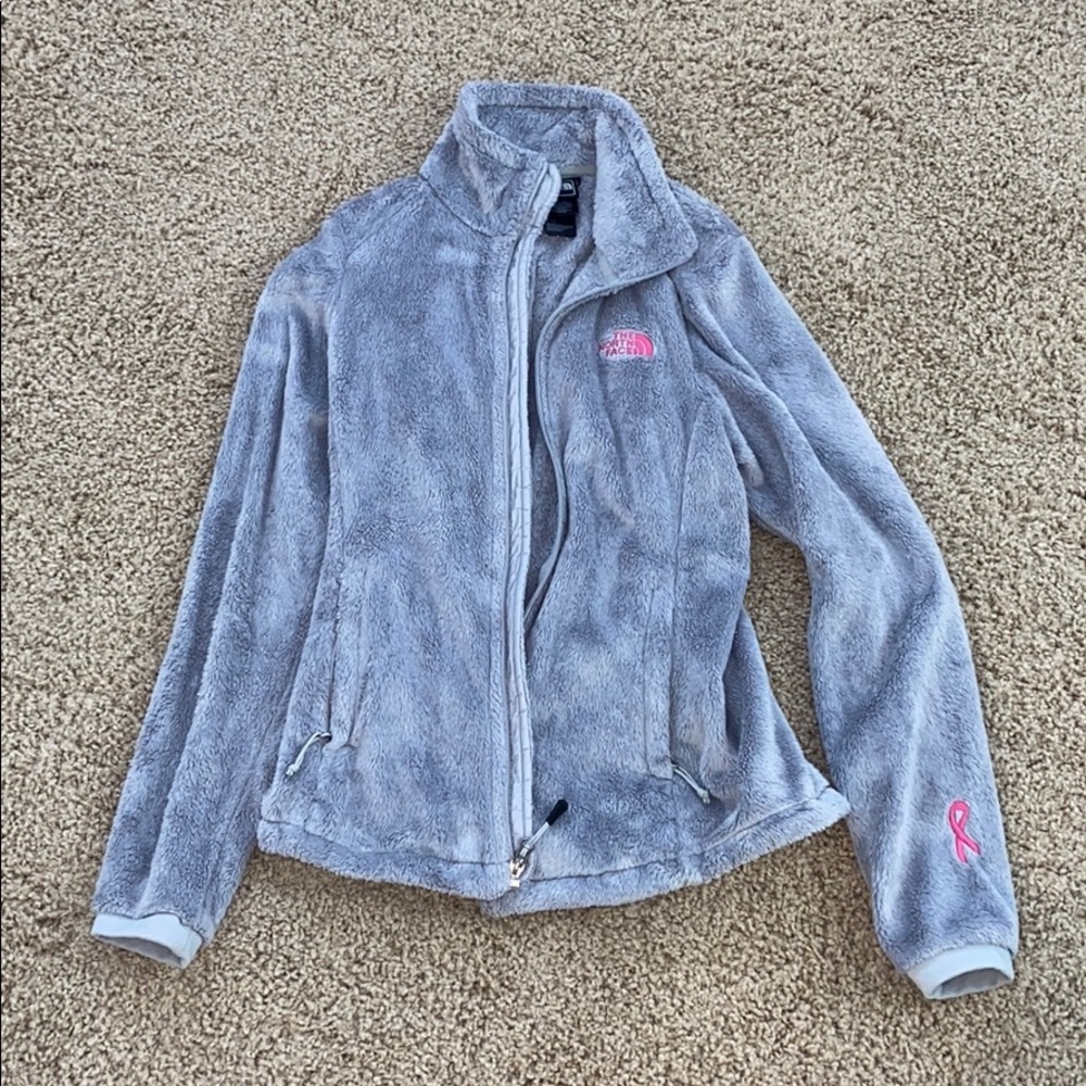 The North Face grey zip up fuzzy fleece jacket